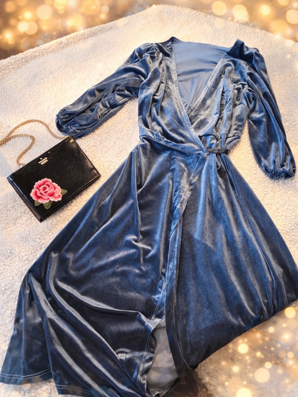 Blue Velvet long sleeve  Wrap Dress.